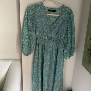 Pleated Summer Dress - Blue Aqua Geometric Print, Long sleeve modest midi dress